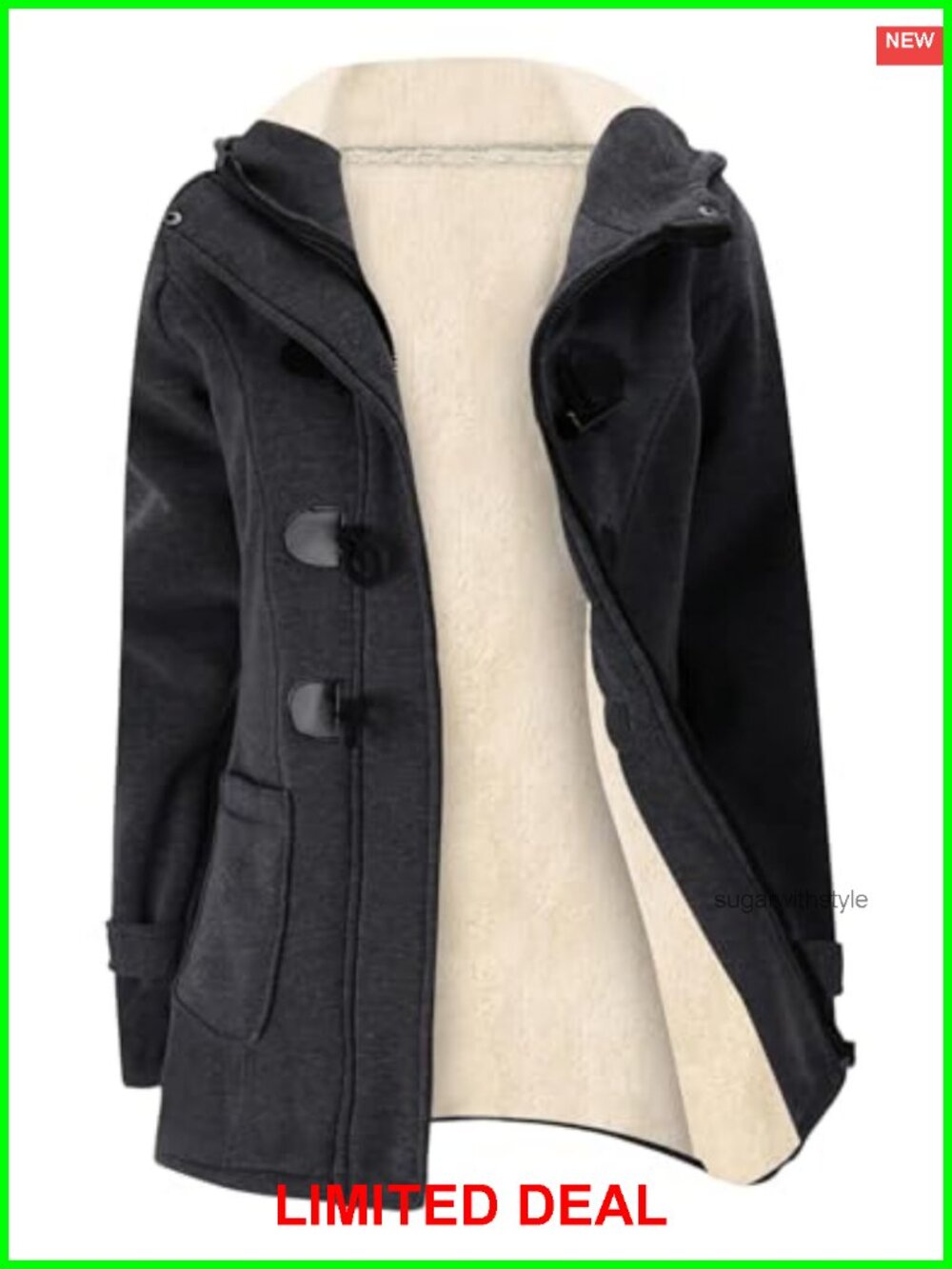 Gihuo Sherpa Lined Duffle Toggle Coat Hooded Fleece Jacket